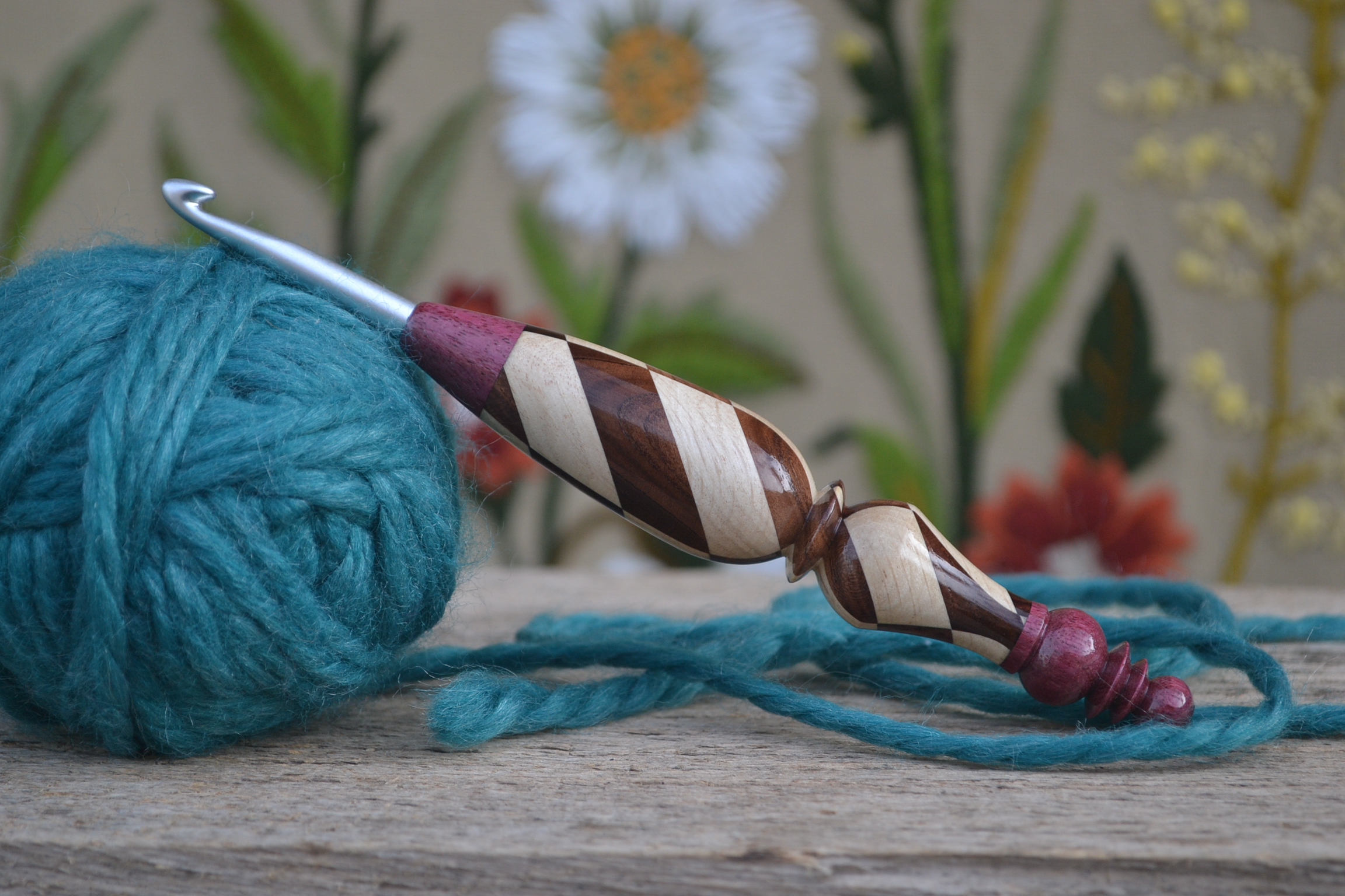 Handmade wooden crochet hook with checkerboard inlay, dark apricot & hornbeam, Clover Amour tip.