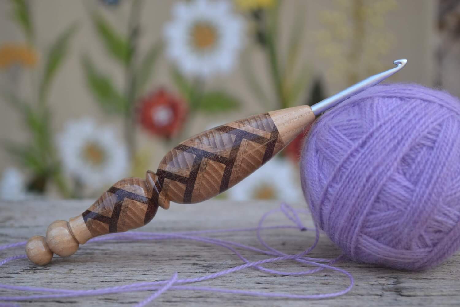 Handmade 4mm crochet hook with herringbone mosaic wood handle and Clover Amour tip