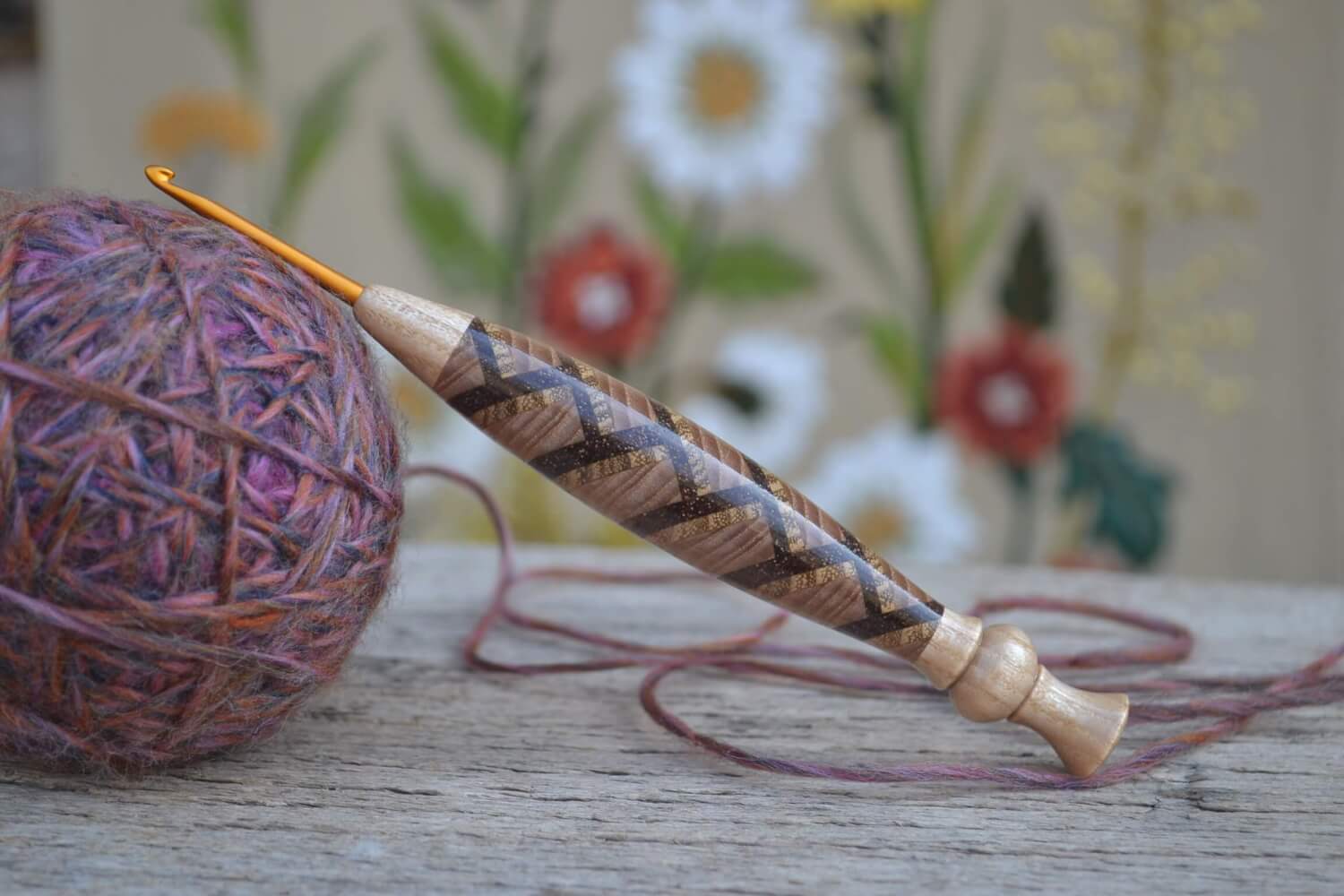 Handmade 3mm crochet hook with herringbone wood handle and Clover Soft Touch tip
