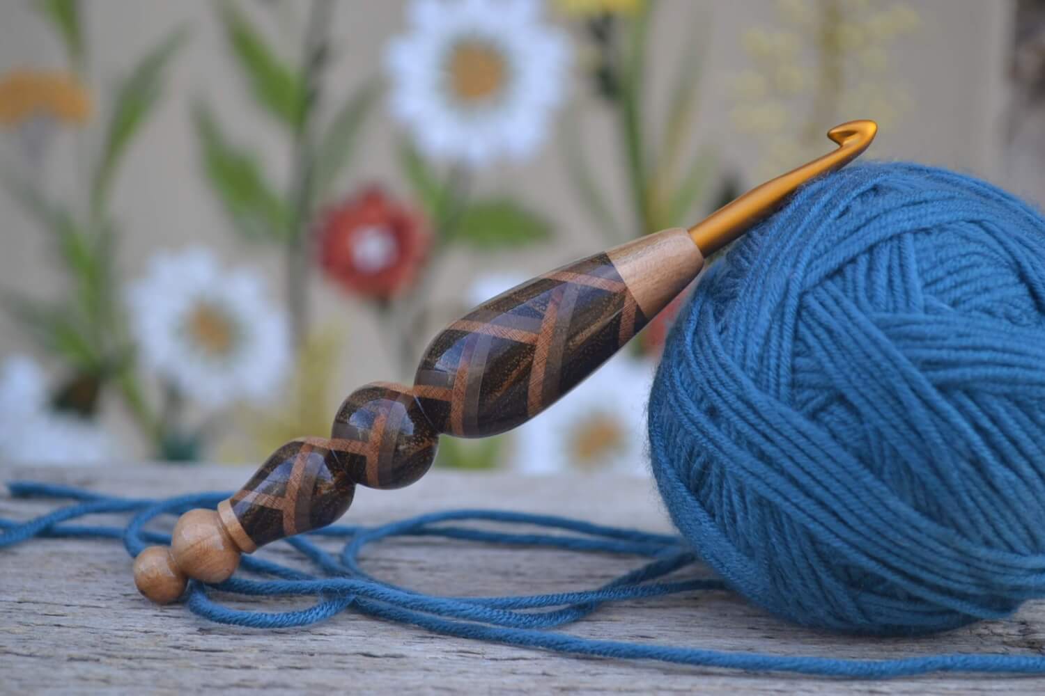Handmade 6mm crochet hook with herringbone wood handle and Clover Soft Touch tip