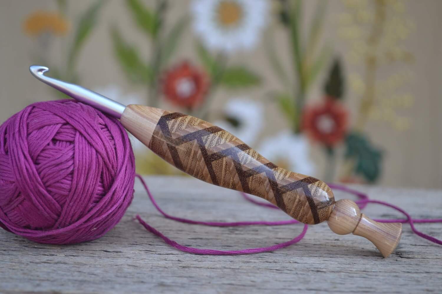 Handmade 6mm crochet hook with herringbone wood handle and Clover Amour tip