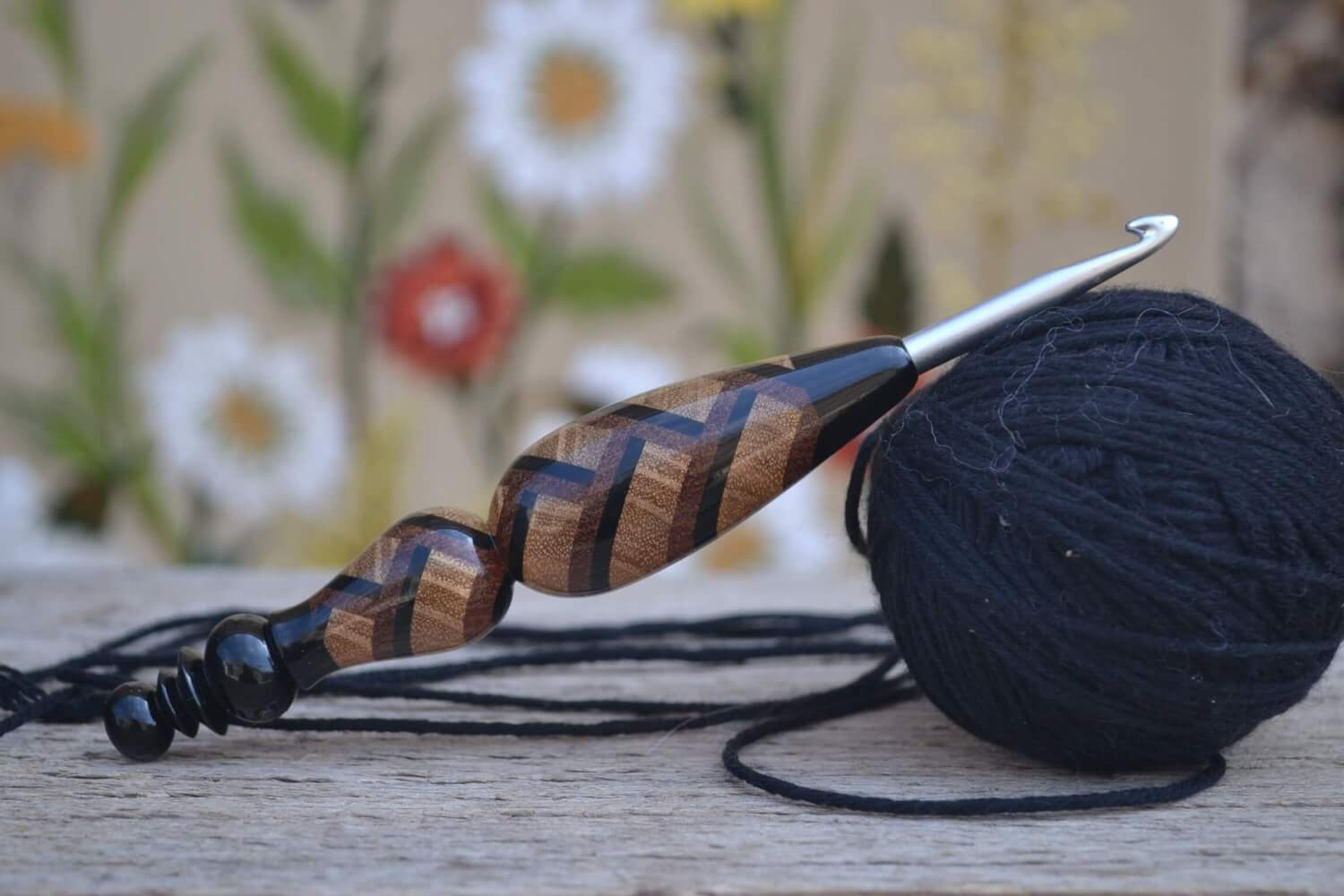 Handmade 5.5mm crochet hook with herringbone wood handle and Clover Amour tip