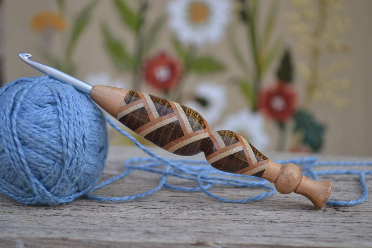 Handmade 5mm crochet hook with herringbone wood handle and Clover Amour tip