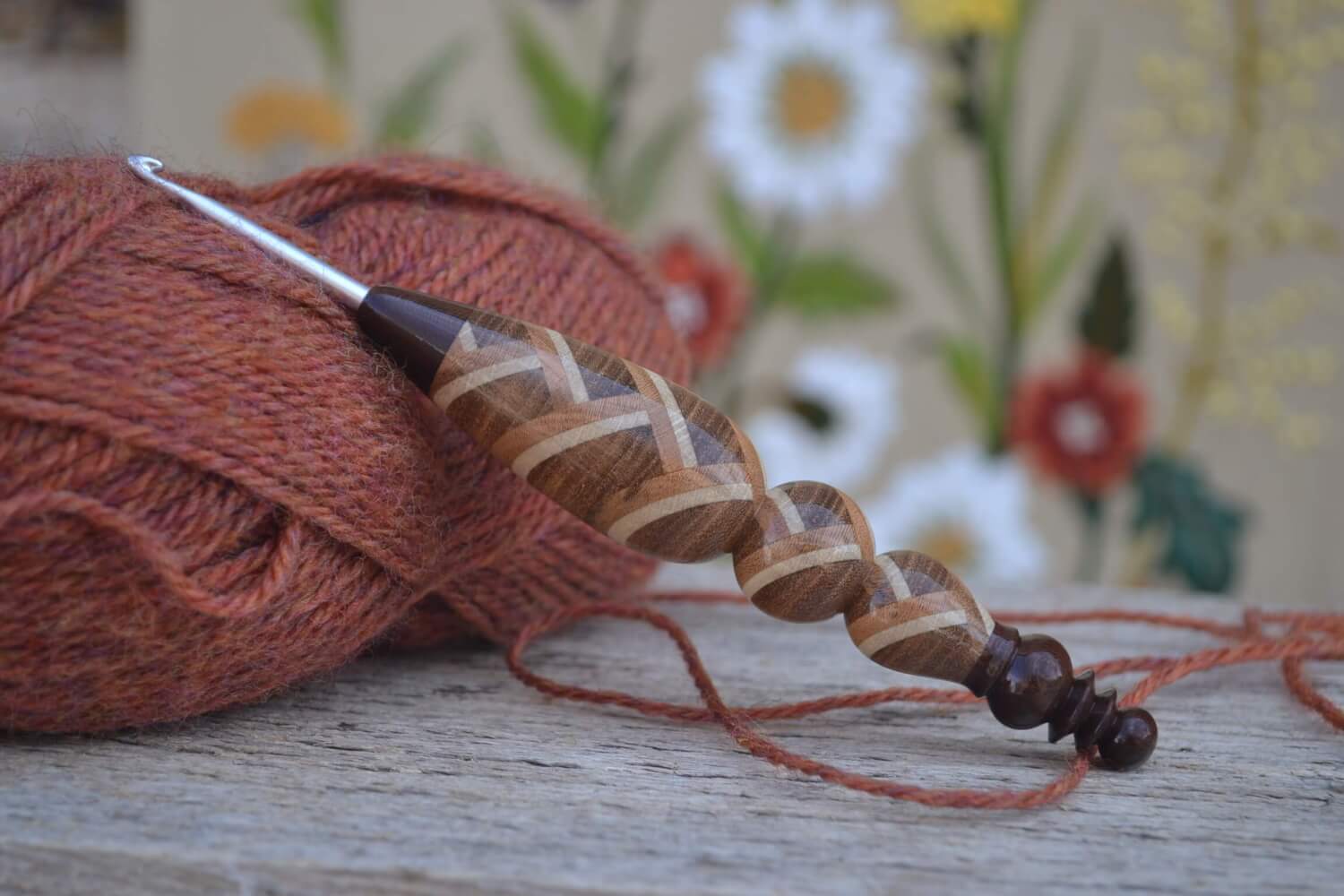 Handmade 4mm crochet hook LETTOworkshop with herringbone wood handle and catalox wood ends