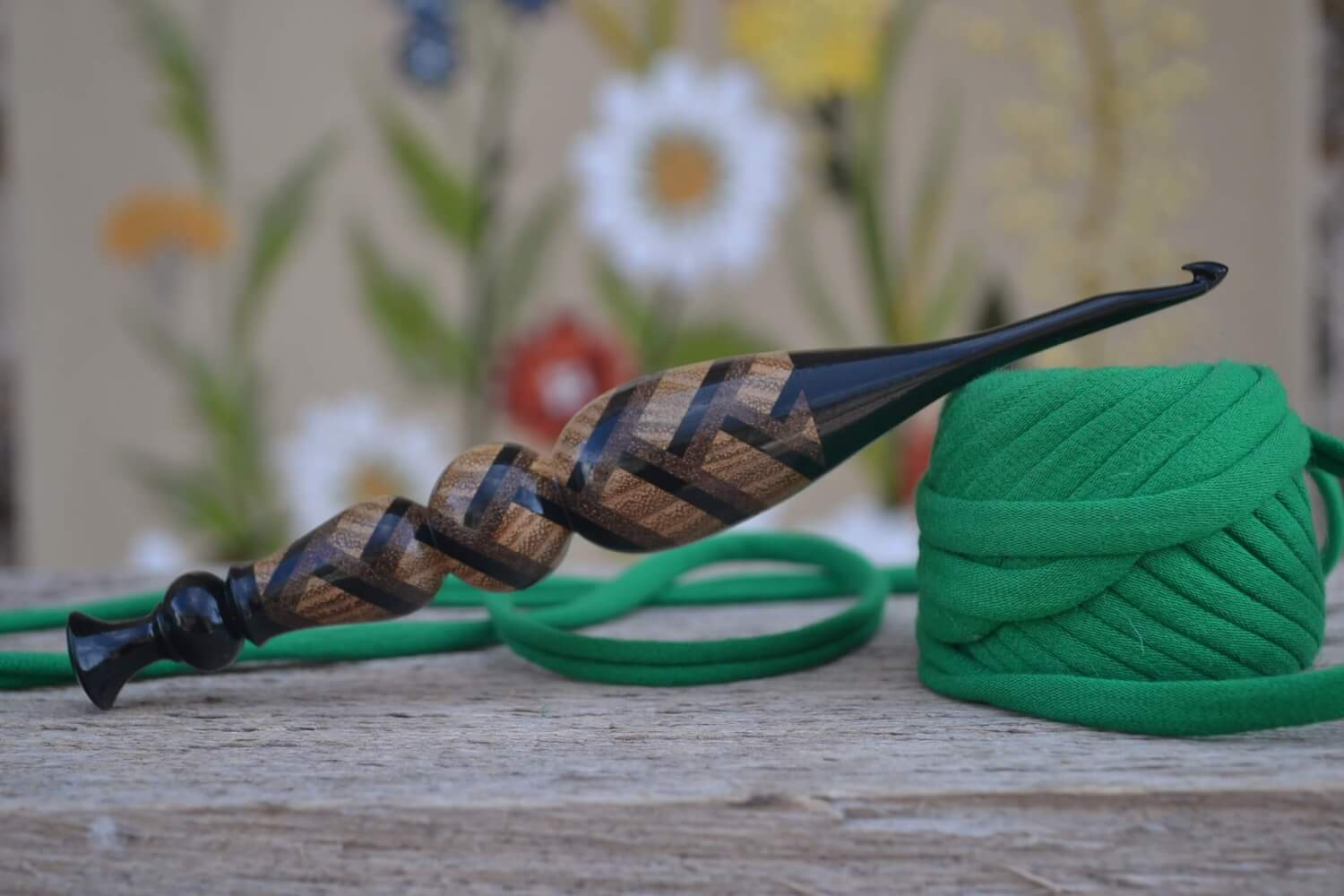 5mm handmade crochet hook LETTOworkshop with herringbone wood handle and black-stained hornbeam ends